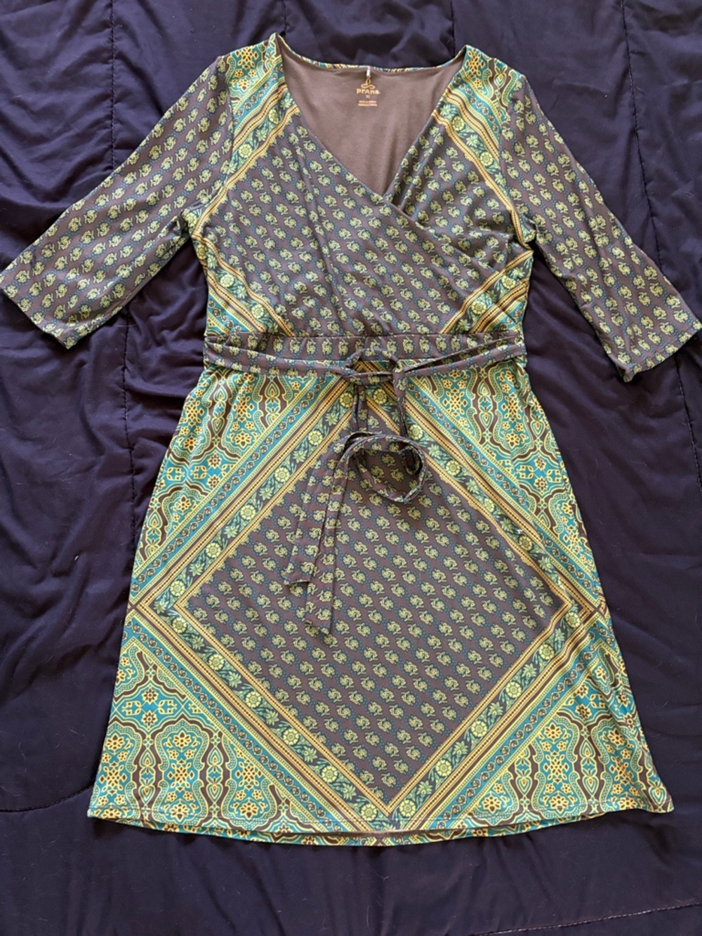 Prana Celtic energy Green and Brown V-Neck Wrap Midi Dress XL
